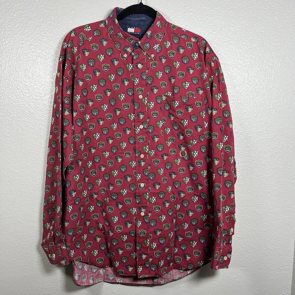 VTG Tommy Hilfiger Red Lion Crest Shield All Over Print Long‎ Sleeve Large Y2K